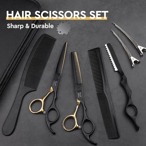 JASON Hair Cutting Scissors Set - 6" Professional 10-Piece Haircut Shears Black & Gold