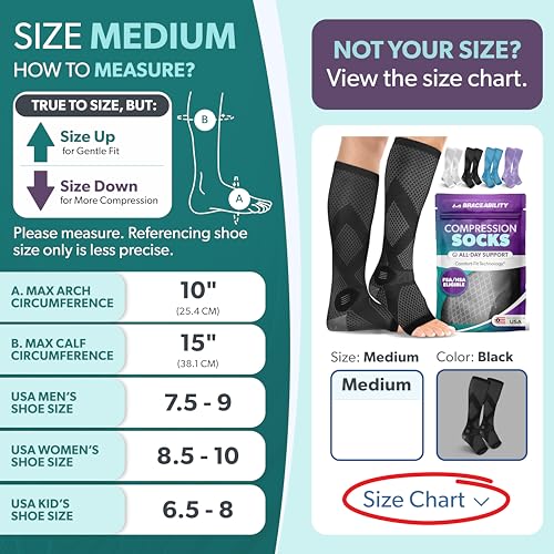 BraceAbility Compression Socks for Circulation - 20-30 mmHg Knee High Neuropathy Open Toe Stockings for Varicose Veins, Swelling, RLS, Medical Toeless Support for Men or Women - 1 Pair (M - Black) Medium Standard Calf Black - Open Toe - 1 Pair