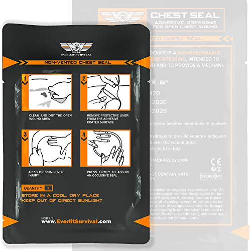 EVERLIT Occlusive Chest Seal Non-Vented Adhesive Dressing for Open Chest Injury and Sucking Chest Wound (6 Count) 1 Count (Pack of 6)