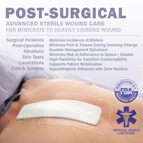 EVERLIT Post-Surgical Dressing | Sterile Waterproof Adhesive Dressing for Post-Operative Wound Care | Hypoallergenic Silicone Coated Bandage for Surgical Incision Pack of 5 (4" x 10") 4" x 10"