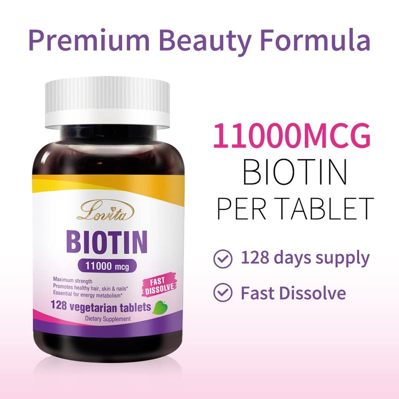 LOVITA Biotin 11,000 mcg, 128 Vegan Tablets | Hair Skin & Nails Vitamin B7, non-GMO, Gluten-Free, 128-Day Supply