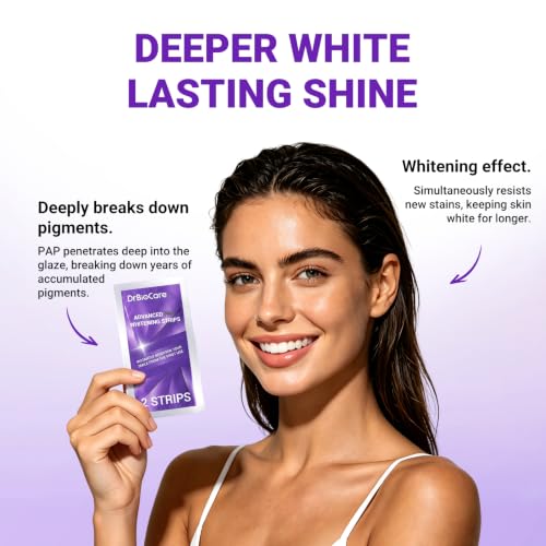 DrBioCare Pap Purple Teeth Whitening Strips for Sensitive Teeth – Peroxide Free, 20% Larger for Full Coverage, Non-Slip, Enamel Safe – Helps Remove Coffee & Wine Stains – 28 Strips (14 Treatments) 1 Count (Pack of 28)