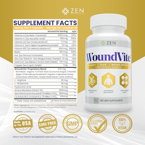 Zen Nutrients WoundVite Pre & Post Surgery Support, Scar & Wound Care, Scar Treatment, Plastic & General Surgery, Heal Faster & Aids in Recovery Time w/Bromelain, Turmeric & Arnica - 60 Vegan Caps 60 Count (Pack of 1)