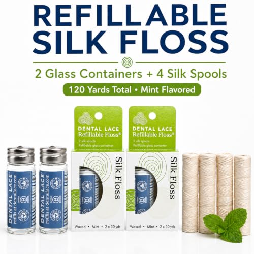 Dental Lace Refillable Silk Dental Floss, Mint, Waxed, PFAS Free, 2 Pack Waves Container (Pack of 2)