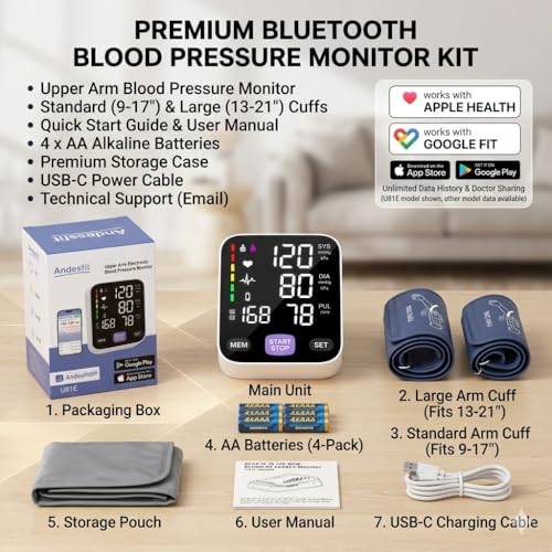 Upper Arm Blood Pressure Monitor for Home Use 17" Large & 21" XL Extra Large Cuff Big arm, Free APP Bluetooth Sync Apple Health Track Google Fit, Large Display Smart BP Machine for Seniors