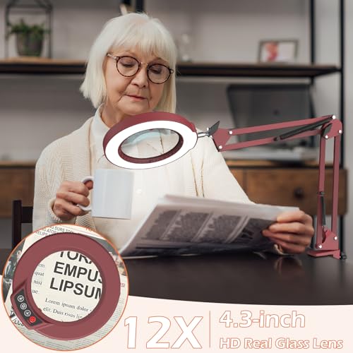 12X Real Glass Magnifying Glass with Light and Stand, LED 5 Color Modes, Stepless Dimmable Magnifying Floor Lamp, 3-in-1 Adjustable Swing Arm Lighted Magnifier Lamp with Clamp for Craft - Red 12X