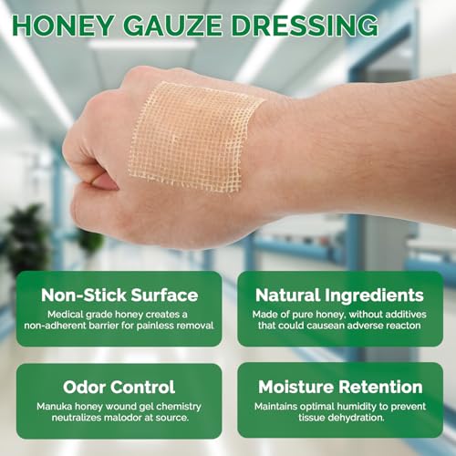 Greetmed Honey Gauze Wound Dressing 4" x 4" Medical Grade Manuka Honey Wound Care Pads Honey Bandages for 1st & 2nd-Degree Burns, Abrasions, Cuts and Scalds (Individually Pack of 10) 4“ x 4”(10 Packs)