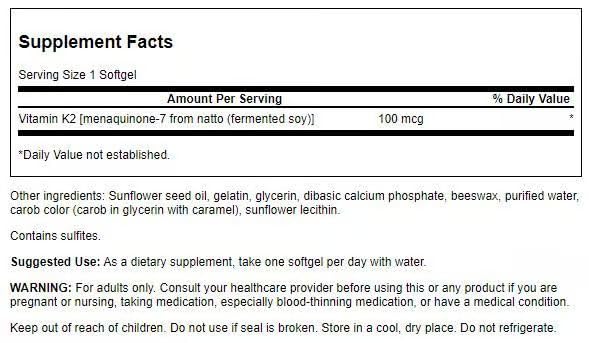 Swanson Vitamin K2 (Menaquinone-7) (30 Softgels,100mcg Each, 2 Pack) | Vitamin Supplement Supporting Cardiovascular and Bone Health, Made from Japanese Natto to Help Regulate Calcium 30 Count (Pack of 2)