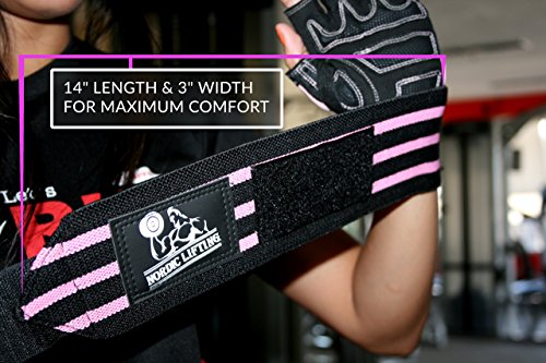 Nordic Lifting Elbow Compression Sleeves (1 Pair, Medium) and Wrist Wraps (1 Pair/2 Wraps) Pink