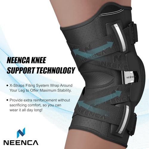 NEENCA Professional Knee Brace for Knee Pain, Hinged Knee Support with Patented X-Straps Fiting System, Strong Stability for Joint Pain Relief, Arthritis, Meniscus Tear, ACL, PCL, MCL, Sports, Workout X-Large Black-Single
