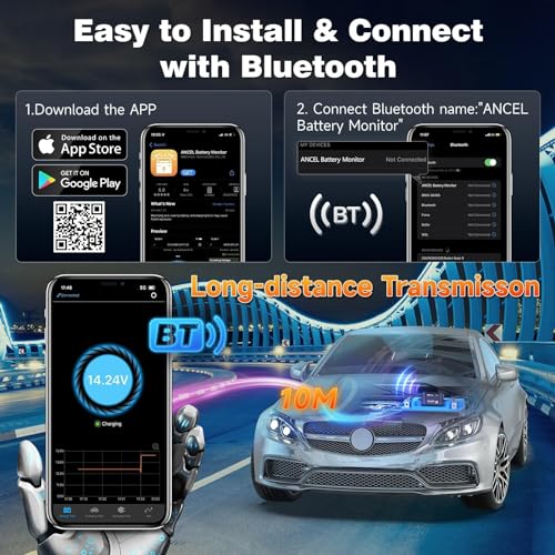 ANCEL BM300 12V Battery Monitor with Charging, Cranking System Test & Alarm Black