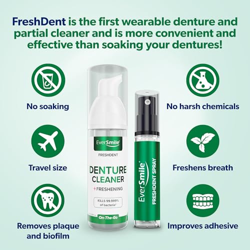 EverSmile FreshDent Denture and Partial Denture Cleaner + Teeth Whitening Spray – Travel Size Alternative to Cleaning Tablets That Eliminates Bacteria and Fights Bad Breath – 50ml + 10ml Pack 2 Count (Pack of 1)