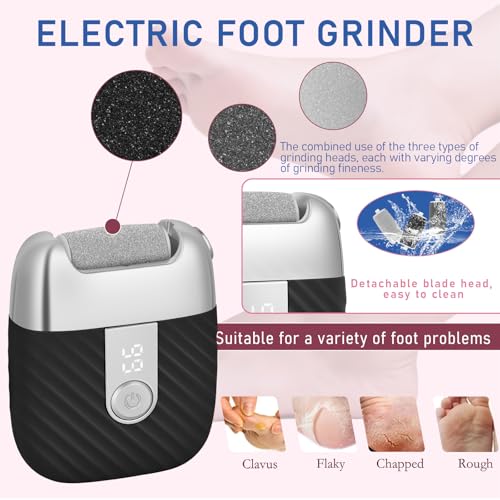 Electric Foot File with 2 Speeds & LED Display, Rechargeable Callus Remover with 3 Grit Heads (Coarse/Medium/Fine), Pedicure Tools for Feet Hard Skin Smooth Polishing (Black)
