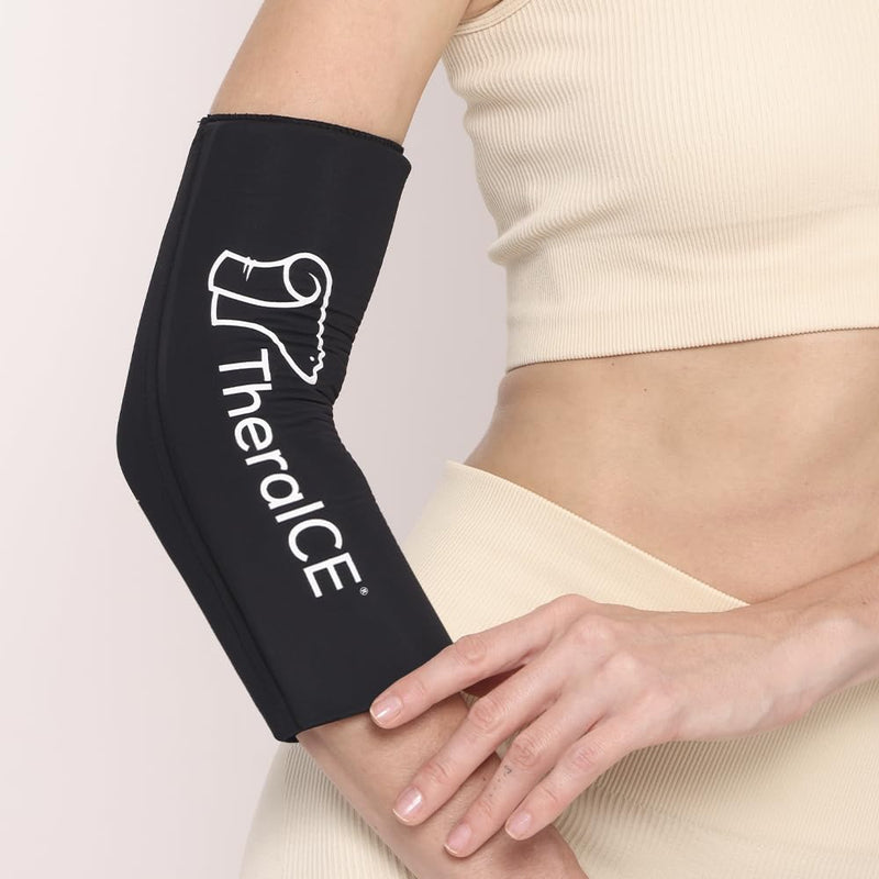 TheraICE Elbow Ice Pack Wrap Compression Sleeve for Injuries Reusable Gel Arm Cold Packs | Tennis Elbow Golfers & Cubital Tunnel, Tendinitis Pain Relief | Plus Shin Splints, Calf Strain | Women & Men Black Small/Medium