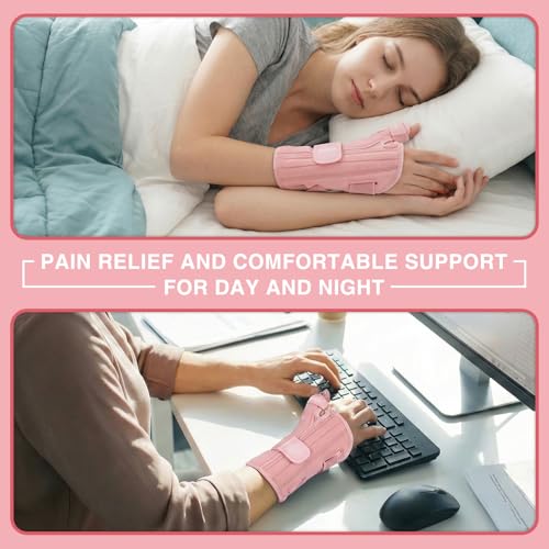 NuCamper Carpal Tunnel Wrist Brace with Thumb Support, Thumb Brace Spica Splint for De Quervains Tenosynovitis, Tendonitis, Trigger Thumb Splint Wrist Support for Men Women - Left Hand,Pink,S/M Pink S/M