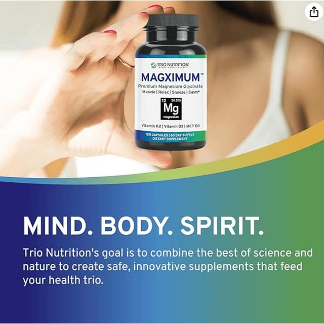 Trio Nutrition Magximum Magnesium Glycinate + Vitamin D3, K2 MK-7 & MCT | MagX magnesium for men and women: 4-in-1 advanced formula, 2-month supply for calm, relaxation, recovery & well-rested.* Magnesium Glycinate with Vitamin K2 & Vitamin D3