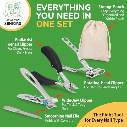 Healthy Seniors Nail Clippers Set, Easy Grip 360 Rotary Fingernail Clipper, Sharp Heavy Clippers for Thick Nails. Perfect for Diabetics or Seniors Suffering from Arthritis (4) 4