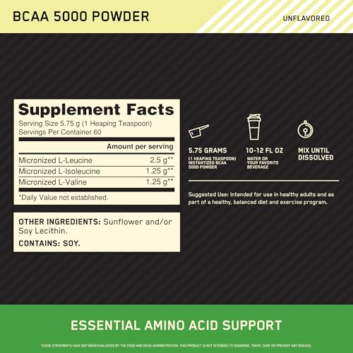 Optimum Nutrition Instantized BCAA Powder, 5000mg, 12.16 Oz Unflavored 12.16 Ounce (Pack of 1)