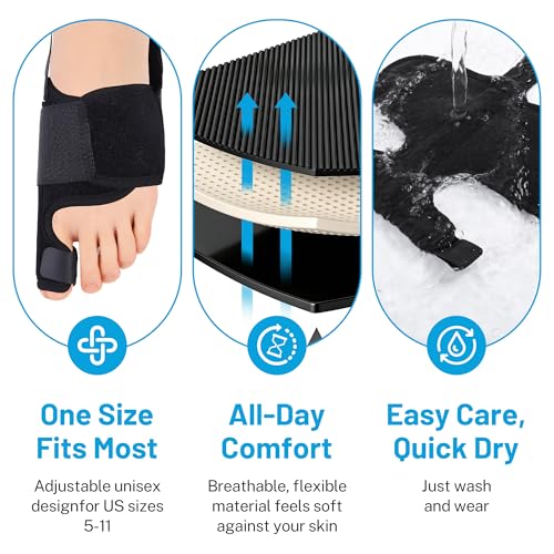 Hallux Valgus Corrector for Men and Women - Bunion Correction Splint with Adjustable Straps, Big Toe Straightener for Pain Relief, Day & Night Use, Soft Polyester Fabric, 1 Pair (Black)