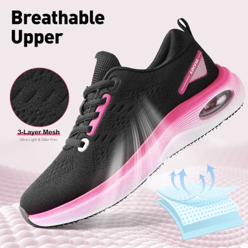 Womens Wide Orthopedic Walking Shoes with Cushioned Arch Support Lace-Up Running Sneakers 7 Wide Black/Pink