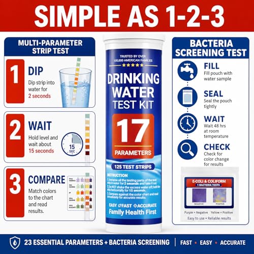 Water Test Kit for Drinking Water, 23-in-1 Water Test Strips for Tap & Well Water, Tests Hardness, Lead, Iron, Copper, Chlorine, Fluoride, pH, Nitrate & More, Fast Home Water Testing, 155 Strips 1