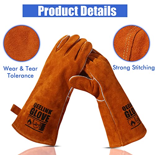 QeeLink Welding Gloves for Men - Fireproof Leather and Stitching Brown (16-inch)