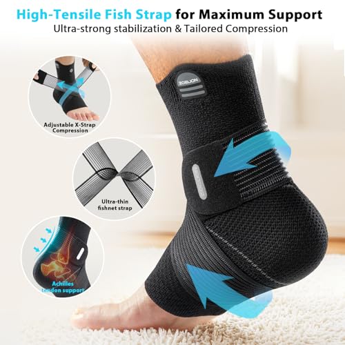 ZOELION Ankle Brace Compression Support with Removable Fishnet Strap, 3D Knit Plantar Fasciitis Relief Achilles Tendonitis Brace, Ankle Compression Sleeve for Pain Relief & Injury Healing, Black/M Black（Pack of 1） M