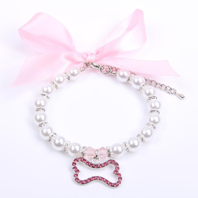 Dog Cat Pearls Necklace Collar with Rhinestones Bone Charm Pendant Pet Puppy Jewelry Accessory (Pink, Small) Pink - BeesActive Australia