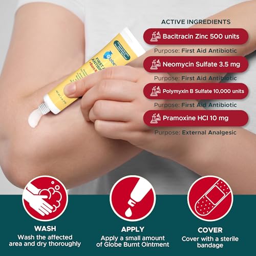 Globe First Aid Antibiotic Burn Relief, Maximum Strength Triple Antibiotic Ointment for 24-Hour Infection Protection 2 Ounce