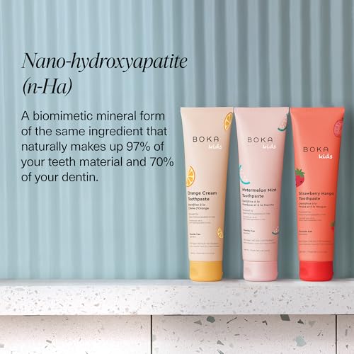Boka Kids Toothpaste - Fluoride Free Nano Hydroxyapatite Toothpaste 4 Ounce (Pack of 3) F. Orange Cream, Watermelon Mint, Strawberry Mango