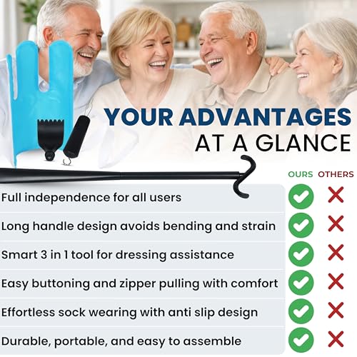 Premium 3 Dressing Aid Kit Shoe Horn Sock Aids for Putting on Long Handle Helper Seniors Assistant Device No Bending Disability Tool Pregnancy Scratcher Zipper Button Limited Mobility
