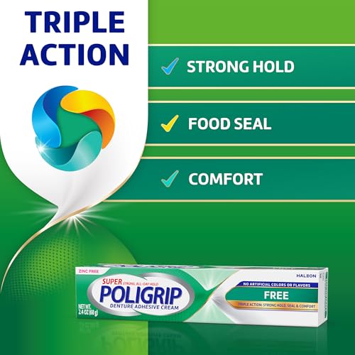 Poligrip Free Denture Adhesive Cream, Strong All-Day Hold, 2.4 oz (4 Pack) 2.4 Ounce (Pack of 4)