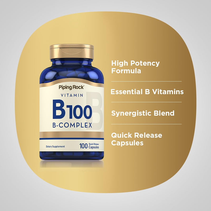 Piping Rock Vitamin B100 Complex | 100 Capsules | Supplement with Vitamins B12, B1, B2, B6 | Non-GMO, Gluten Free 100 Count (Pack of 1)