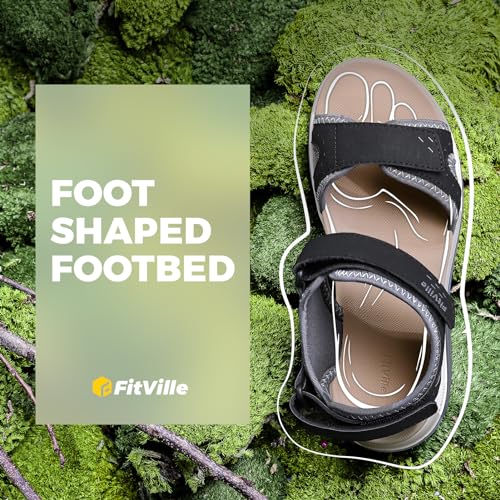 FitVille Women's Orthopedic Wide Sandals Casual Arch Support Flat Sandals 8 Wide Black