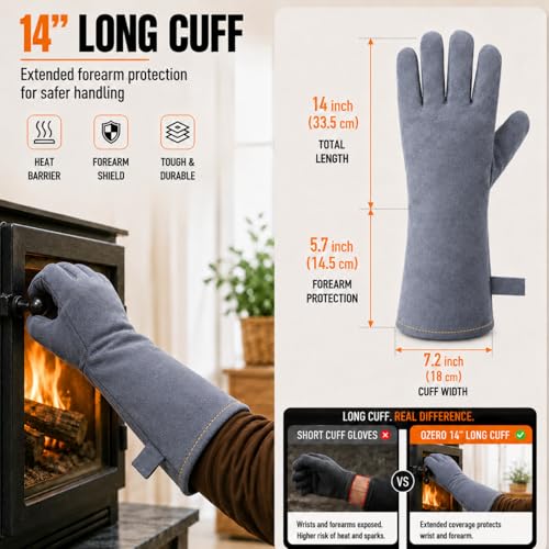 OZERO Welding Gloves: Upgraded Thicker 932°F Heat Resistant, Gray, 14 Inch Gray (14-inch)