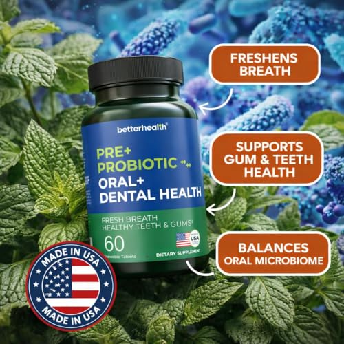 Oral Probiotics for Teeth and Gums, Pre + Probiotic with Zinc, Inulin & Xylitol, Vegan & Non-GMO Chewable Bad Breath Treatment for Adults, Supports Gum & Dental Health, 60 Tablets