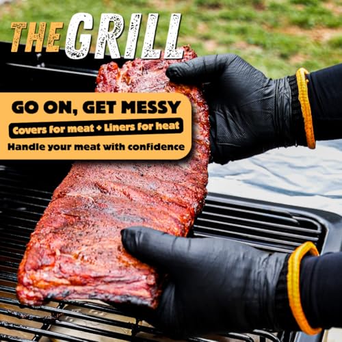 Grilling Glove Kit – Thermal Knit Liners Made in the USA – Diamond Textured Nitrile Covers – Oven Mitts for BBQ, Smoking Meat, and Barbecue Food Prep