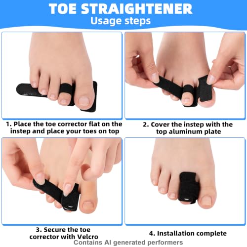 4PCS Hammer Toe Straightener, Toe Splints for Straightening, Hammer Toe Corrector for Women, Hammertoe Straightener with 2 Aluminum Plate, Toe Straighteners for Curled Toes, for Walking& Rest(Black) Black 4