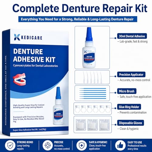 Dental Lab Instant Bonding Denture Adhesive Kit - Denture Repair Glue 1oz for Dentures & Lab Tools, Cracks, Gaps & Loose Teeth | Fast-Setting, Long-Lasting Hold | Safe, No Irritating Odor