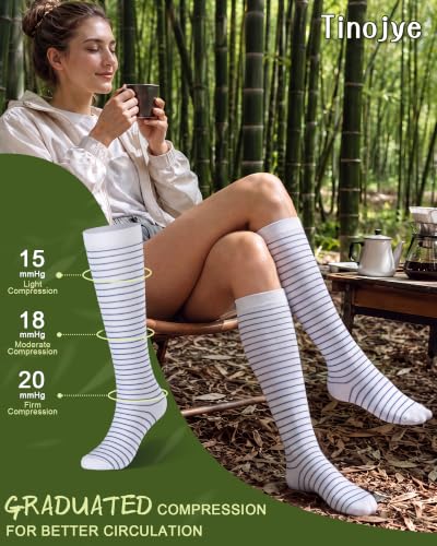 Bamboo Compression Socks for Women, 4 Pairs, 15-20 mmHg, Knee-High Support Small-Medium 02-blue