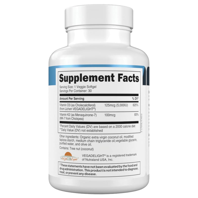 Transparent Labs Vitamin D3 K2 - Vitamin D & K2 Vitamin Supplement for Men & Women, Vegan-Friendly D3K2 5000 IU Supplements to Support Bone, Immune, and Overall Health - K2 D3 60 Capsules