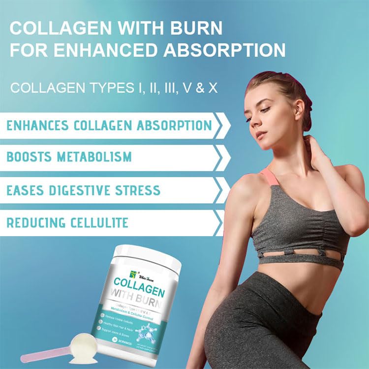 Multi Collagen Burn Powder with L-Carnitine, 30 Servings | Collagen types I, II, III, V & X with green tea extract; strawberry flavor, 11 oz powder for daily wellness.