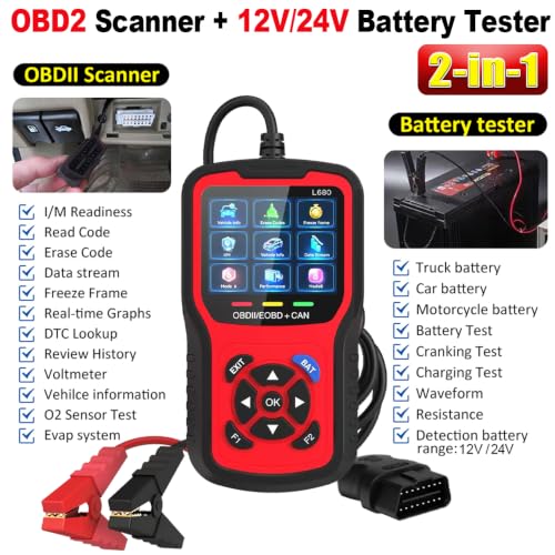 2-in-1 OBD2 Scanner with Battery Tester: 1S Read & Clear Check Engine Codes + Test Battery in 3 Mins - DIY Car Diagnostic Tool with Cold Cranking Amps for Pre-Trip Safety on 1996+ Vehicles