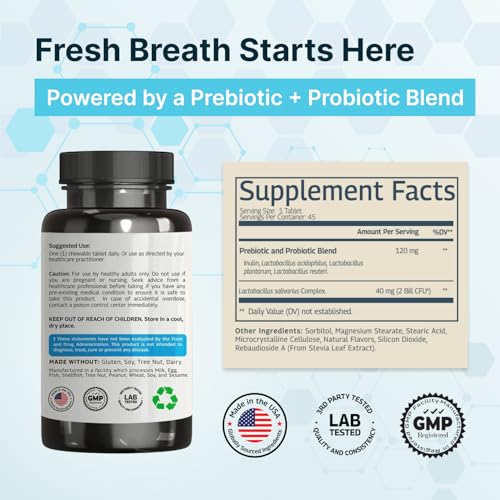 VINATURA Lactobacillus Salivarius Oral Probiotics - Mouth Bad Breath Treatment for Adults, Dental probiotics for Teeth and Gums, Throat, Ear, Nose - 45 Chewable Mint Tablets