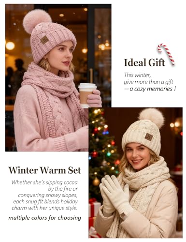 Hat Scarf And Gloves Set For Women, Womens Beanie Hats Thermal Touchscreen Gloves Scarf Scarves, Winter Accessories Sets Burgundy