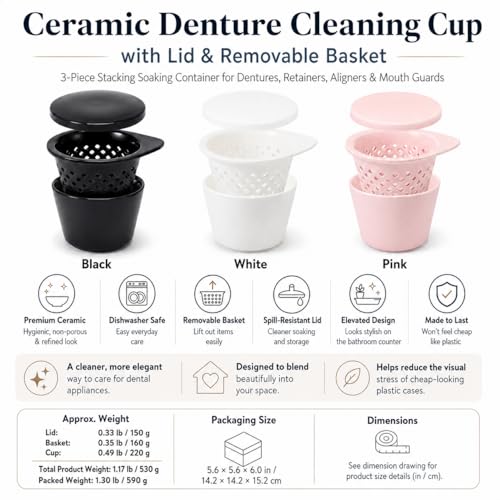 Ceramic Denture Cleaning Cup with Lid & Removable Basket, 3-Piece Stacking Soaking Container for Tablets, Retainer/Aligner/Mouth Guard Case, Hygienic, Spill-Resistant (White) White
