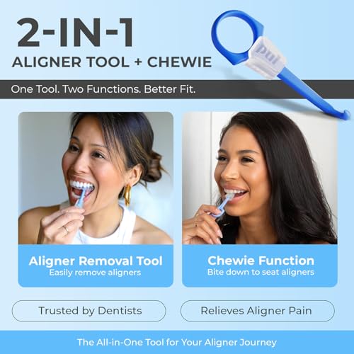 PUL 2-in-1 Aligner Removal Tool and Chewies for Invisalign Aligners, Retainers and Trays - Patented Invisalign Remover Tool for Easy Removal & Secure Fit - Pack of 3, Purple 3 Pack