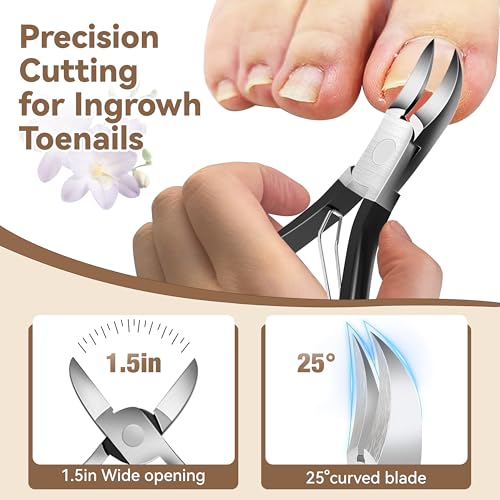 Toenail Clippers for Adults – 6-in-1 Thick & Ingrown Toenail Clippers Set, Large Straight & Slanted Nail Clippers, Heavy Duty Wide Jaw Nail Cutter with Long Handle for Men and Women Black