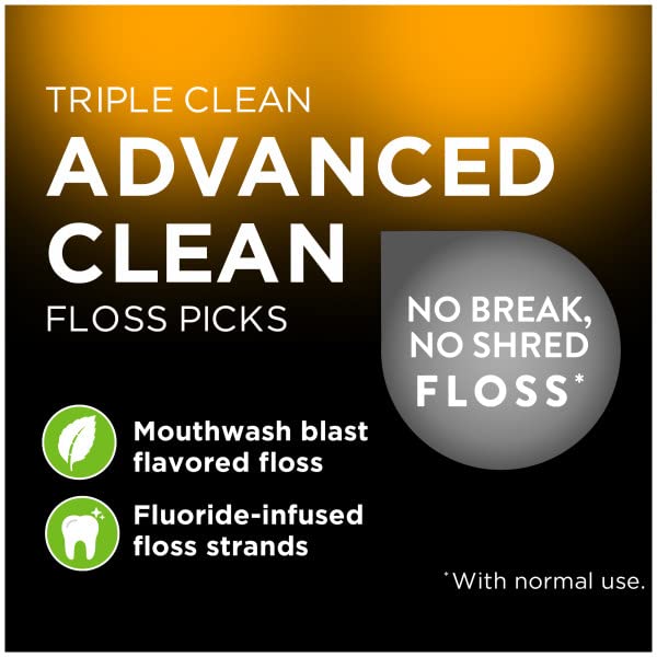 DenTek Advanced Clean Triple Clean Floss Picks, Mouthwash Blast, Dental Flossers for Plaque Removal, No Break No Shred Floss, Oral Care, 75 Count (Pack of 12)
