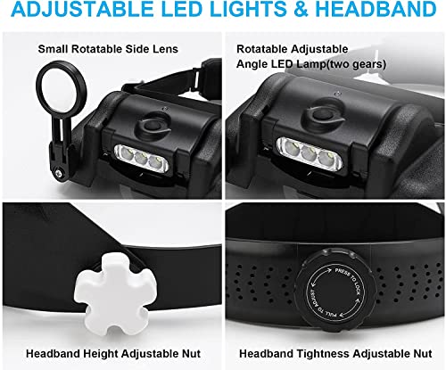 Dilzekui Black 1X to 14X Headband Magnifying Glass with Carry Bag and Spare Set of Headlamp